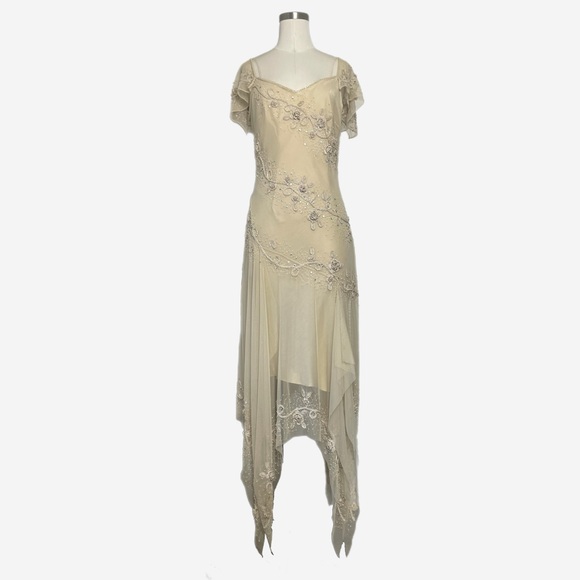 Vintage Sue Wong Nude mesh asymmetric 3D floral beaded dress boho fairy bridal S - Picture 2 of 14